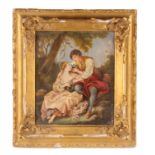 19TH CENTURY OIL ON BOARD A romantic garden scene with lovers 25.5cm high 21.5cm wide - mounted in a