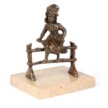 A 20TH CENTURY BRONZE FIGURE GROUP of a young girl sat on a fence, mounted on a grey marble base