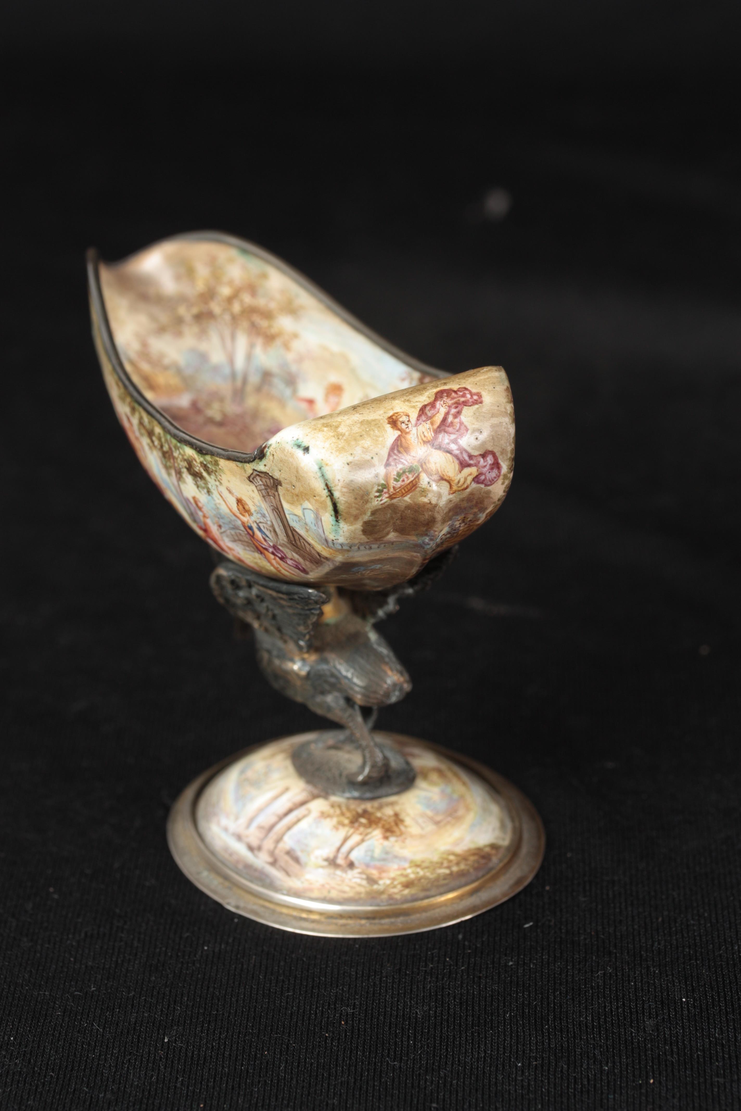 A 19TH CENTURY VENITIAN ENAMEL AND GILT TABLE SALT of shell form supported by a swan mounted on an - Image 5 of 6