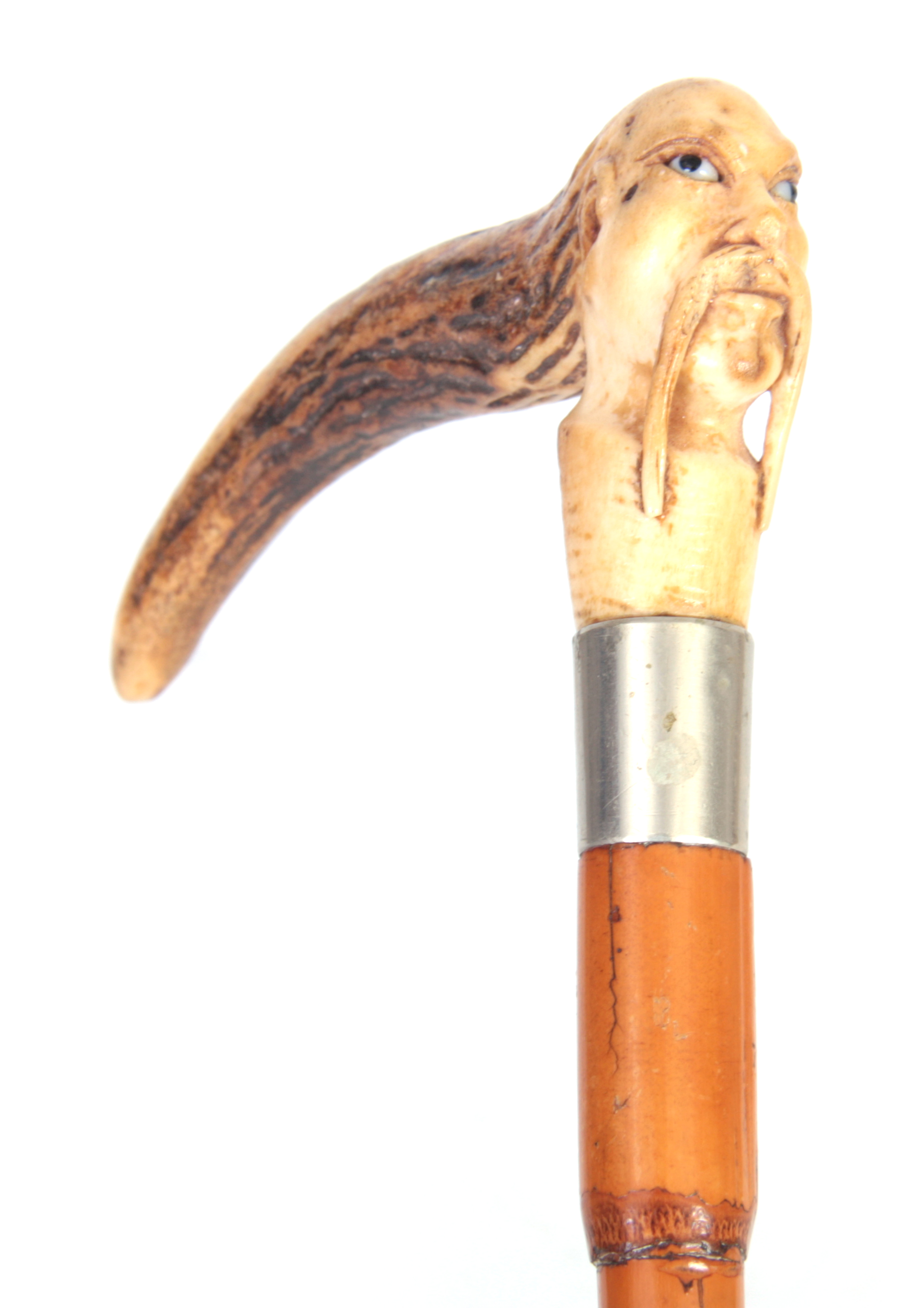 A 19TH CENTURY CHINESE MALACCA AND CARVED HORN WALKING STICK with figural stag horn carved handle
