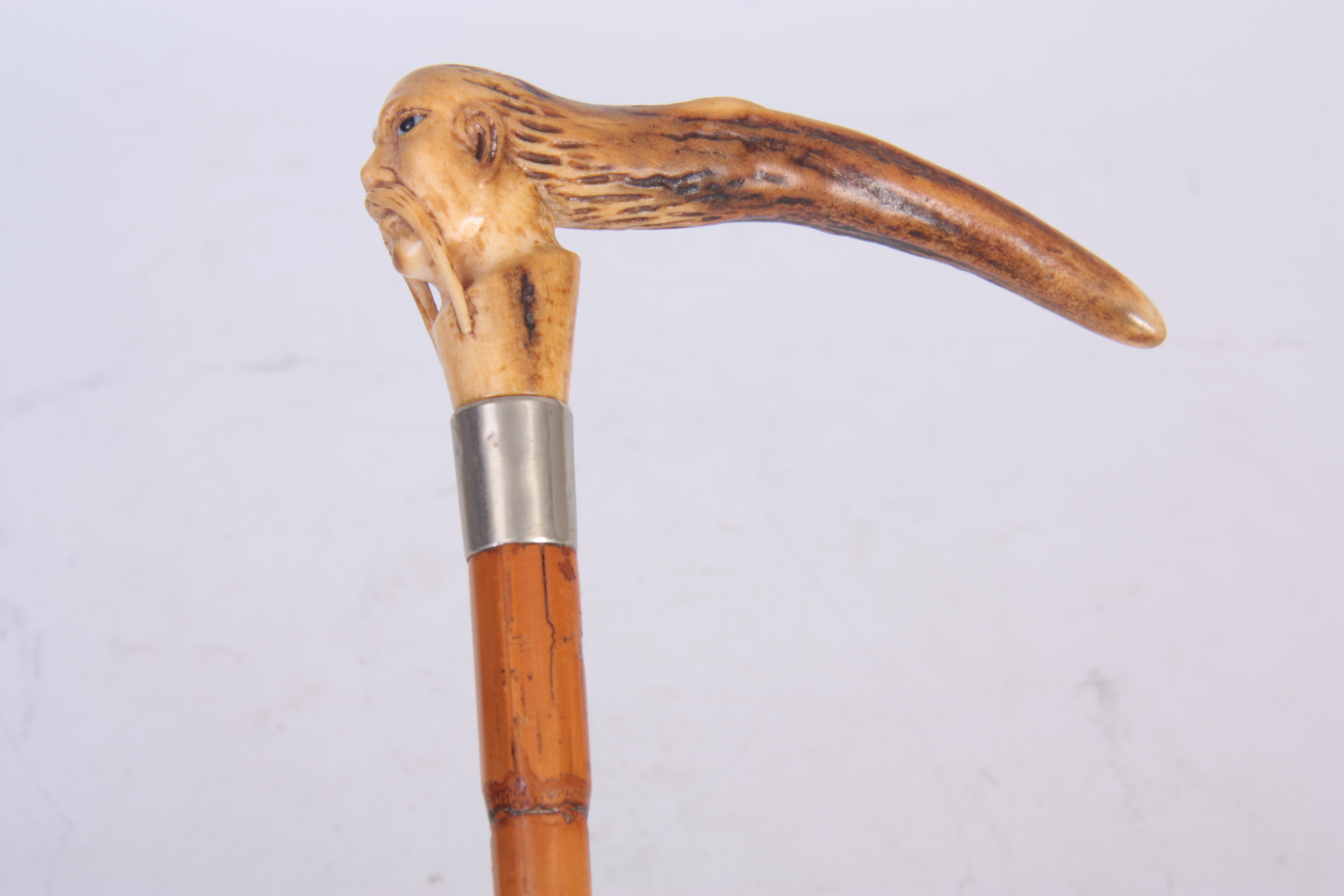 A 19TH CENTURY CHINESE MALACCA AND CARVED HORN WALKING STICK with figural stag horn carved handle - Image 3 of 6