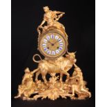 A 19TH CENTURY FRENCH ORMOLU FIGURAL MANTEL CLOCK mounted with classical ladies beside a standing