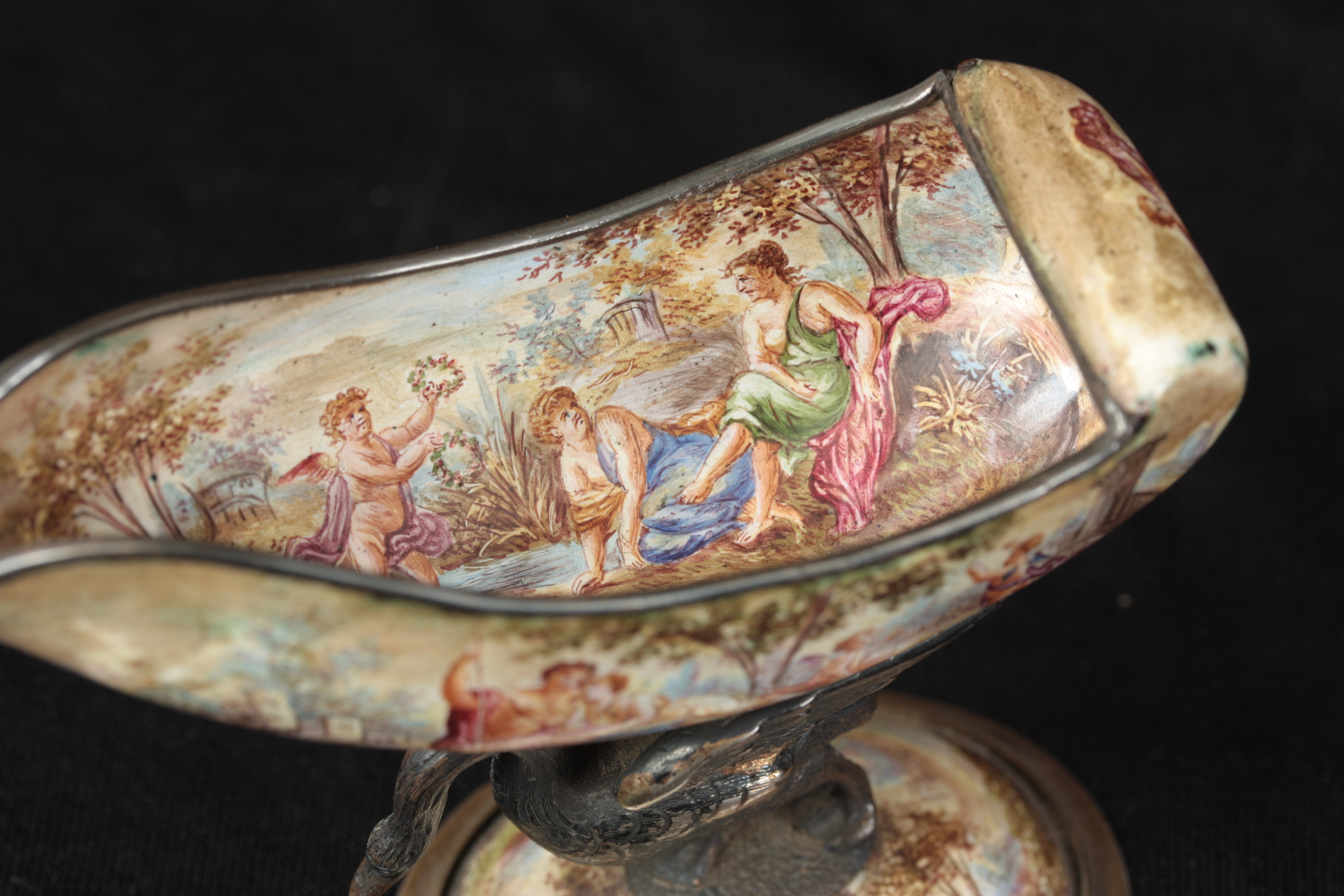 A 19TH CENTURY VENITIAN ENAMEL AND GILT TABLE SALT of shell form supported by a swan mounted on an - Image 2 of 6
