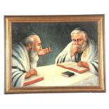 A GINSBERG - OIL ON HARDBOARD scholars at a table 45cm high 60cm wide signed - gilt frame