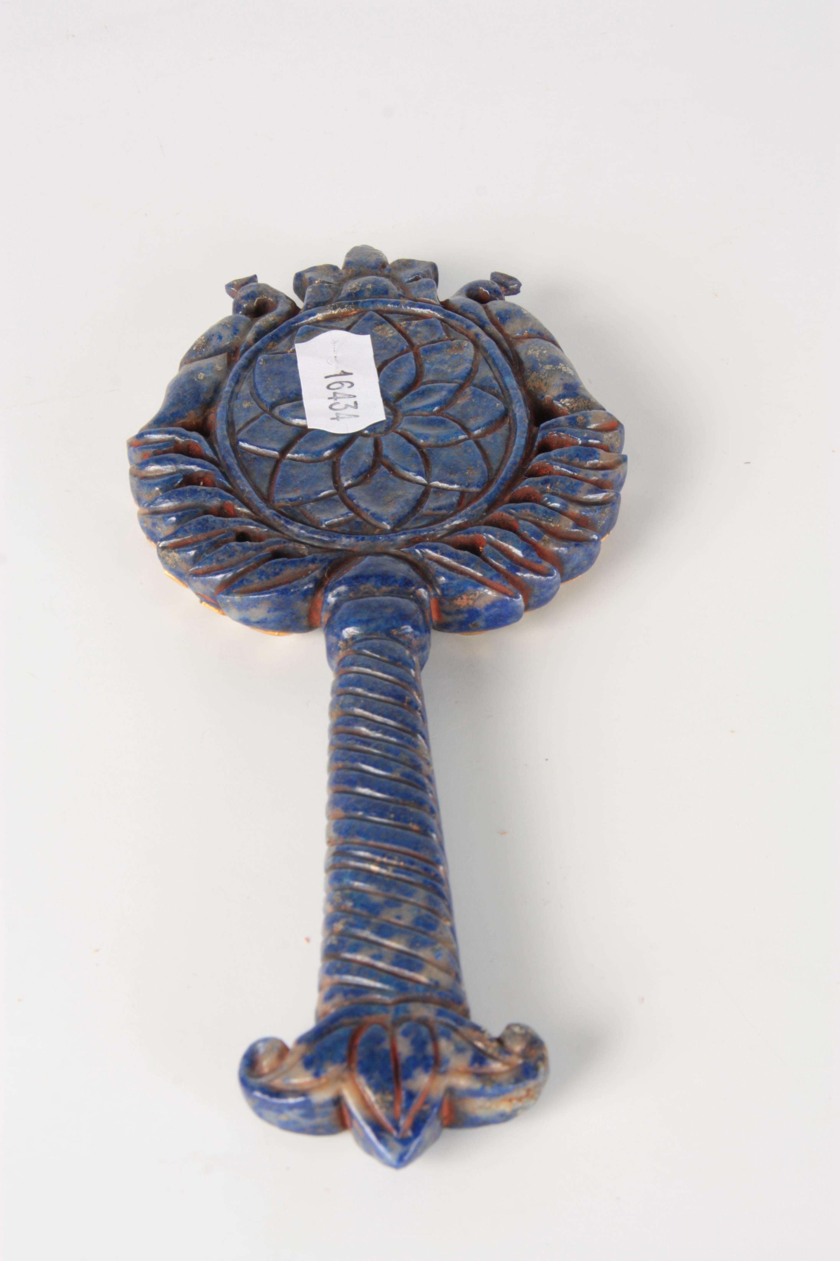 AN 20TH CENTURY LAPIS LAZULI AND DIAMOND SET CARVED HAND MIRROR the peacock and twisted handle - Image 3 of 6