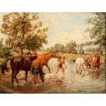 R GOTTSCHALK OIL ON HARDBOARD river landscape scene with horses and figures signed. 42.5 x 53 modern