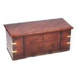 AN EARLY 18TH CENTURY SMALL OAK PLANK COFFER with pinned metal and brass strapwork bindings and