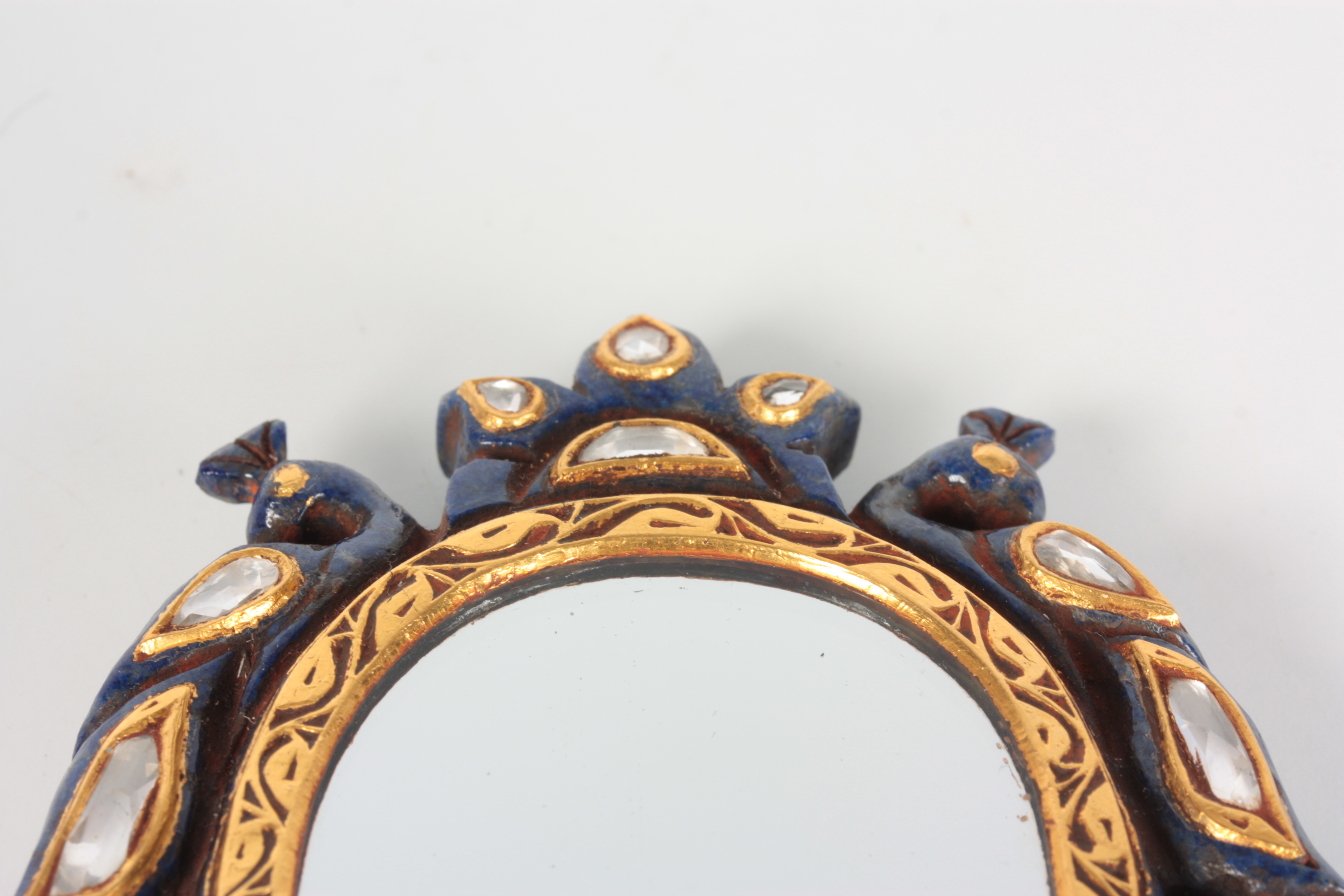 AN 20TH CENTURY LAPIS LAZULI AND DIAMOND SET CARVED HAND MIRROR the peacock and twisted handle - Image 5 of 6