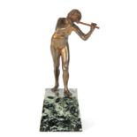 RENE PAUL MARQUET (1875 - 1937) AN ART DECO FIGURAL GILT BRONZE SCULPTURE of a nude girl playing a