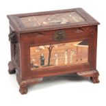 A CHINESE HARDWOOD FLOOR STANDING BOX with side handles, hinged top and brass fastening clasp, set
