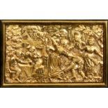 A 19TH CENTURY CAST GILT BRONZE PANEL of figures merrymaking in a garden setting - in a glazed