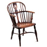 A 19TH CENTURY ASH AND ELM WINDSOR CHAIR STAMPED 'NICHOLSON, ROCKLEY' with pierced back splat and