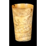 A GEORGIAN CARVED HORN BEAKER WITH HUNTING SCENE depicting riders on horseback with hounds at foot