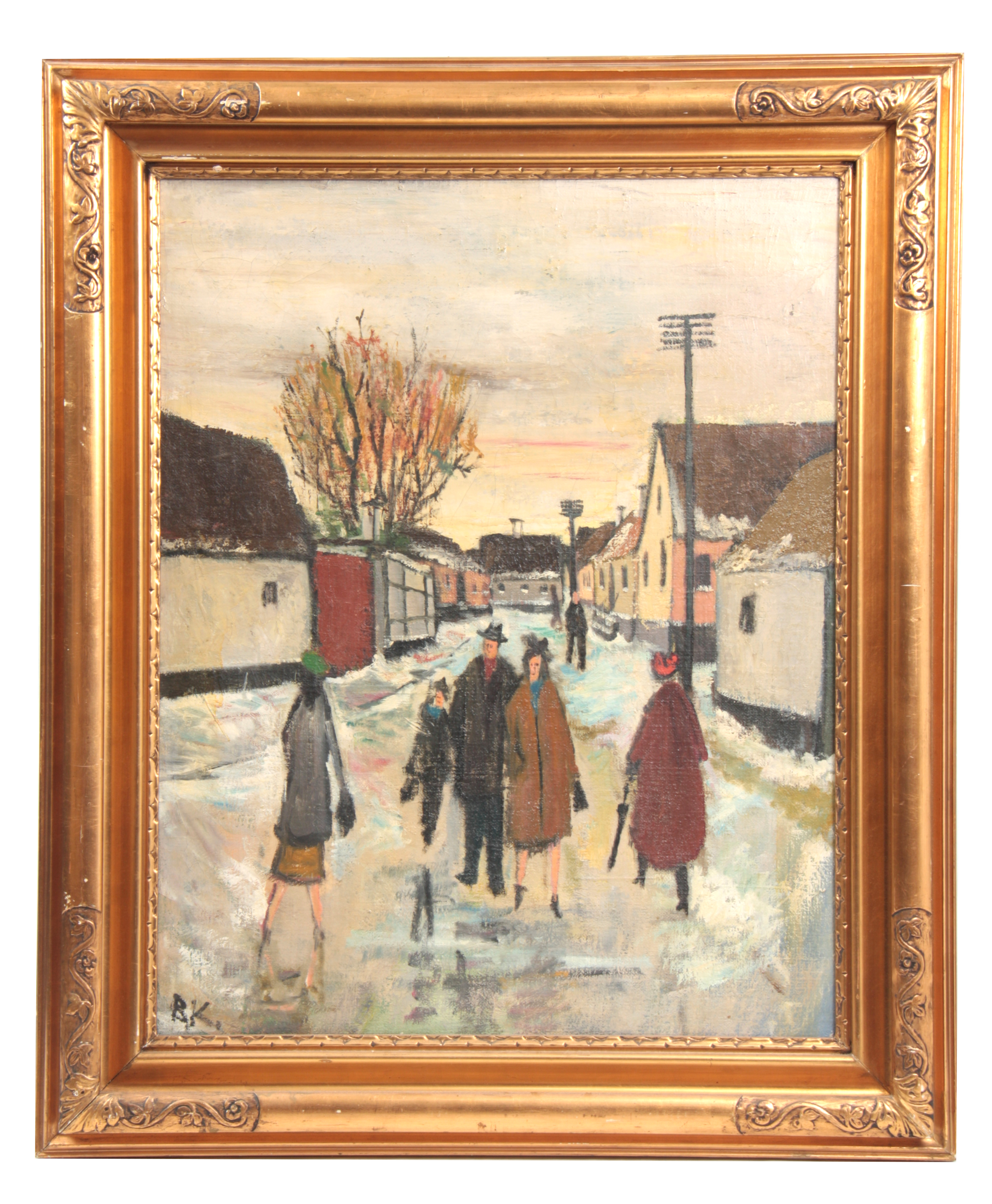 BORGE LUDWIG KNUDSEN A 20TH CENTURY OIL ON CANVAS depicting a town scene with figures in the