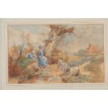 A PAIR OF 19TH CENTURY WATERCOLOURS having wooded landscape scenes with children playing around