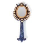 AN 20TH CENTURY LAPIS LAZULI AND DIAMOND SET CARVED HAND MIRROR the peacock and twisted handle