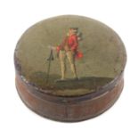 A LATE 18TH CENTURY LACQUERED TIN BOX with painted decoration of a Gentleman 7cm diameter.