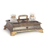 A FINE 19TH CENTURY FRENCH EBONIZED AND BOULLEWORK DOUBLE SIDED DESK STAND WITH ORNATE GILT-BRASS