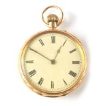 AN 18CT GOLD OPEN FACED POCKET WATCH with foliate engraved decoration and Roman enamel dial, the