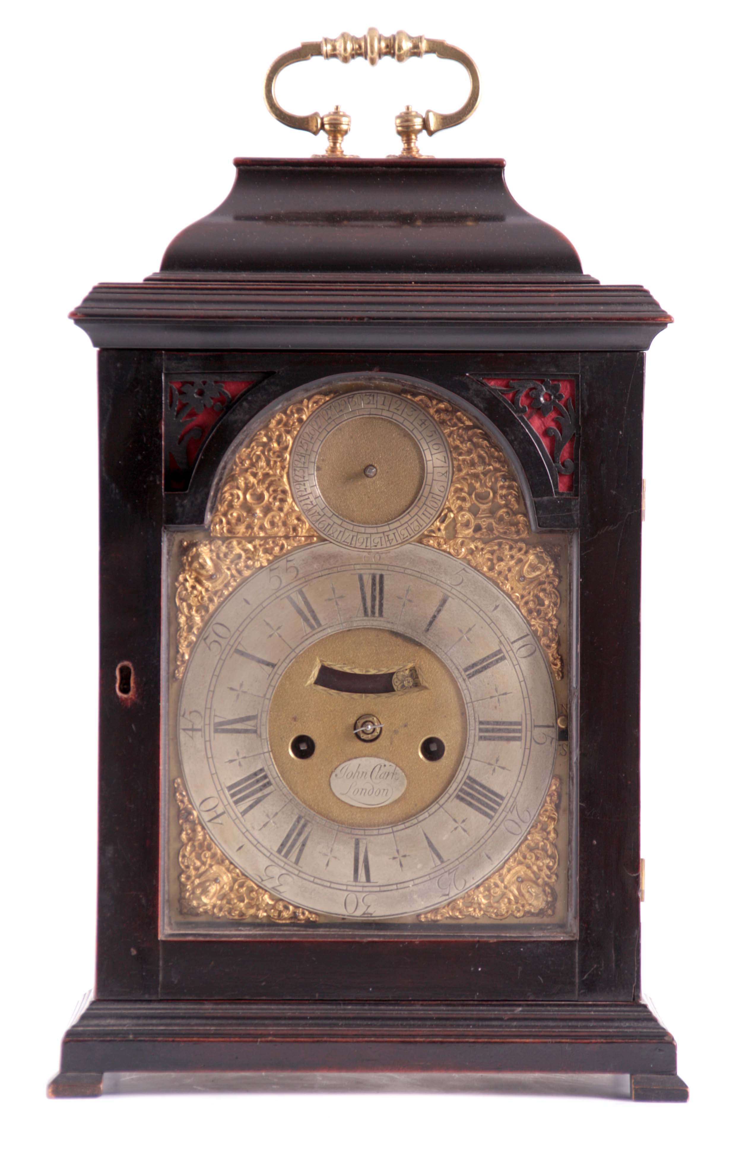 JOHN. CLARK, LONDON. AN EARLY 18TH CENTURY EBONISED BRACKET CLOCK the case with inverted bell top
