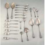 A COLLECTION OF 21 SILVER SPOONS AND TWO SILVER FISH KNIVES to include a set of six teaspoons and