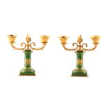 A PAIR OF 19TH CENTURY FRENCH NAPOLEON PORCELAIN AND ORMOLU MOUNTED TWO BRANCH CANDELABRA having