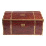 A GOOD EARLY 19TH CENTURY AMBOYNA AND BRASS BOUND WRITING BOX with double hinged mechanism revealing