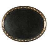 A 19TH CENTURY PAPIER MACHE OVAL TRAY with floral painted and gilt border 75cm wide 60 deep