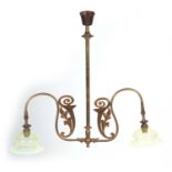 A LATE 19TH CENTURY ART NOUVEAU STYLE BRASS HANGING LIGHT FITTING fitted with two Vaseline and