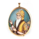 A WELL PAINTED 19TH CENTURY INDIAN PORTRAIT MINIATURE ON IVORY depicting an Indian emperor,