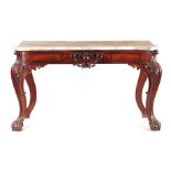 A REGENCY MAHOGANY SERPENTINE SERVING TABLE with white marble top above a carved shaped frieze;