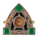A 1930'S ART DECO STRUT CLOCK the lancet-shaped frame inset with black and green panels and paste