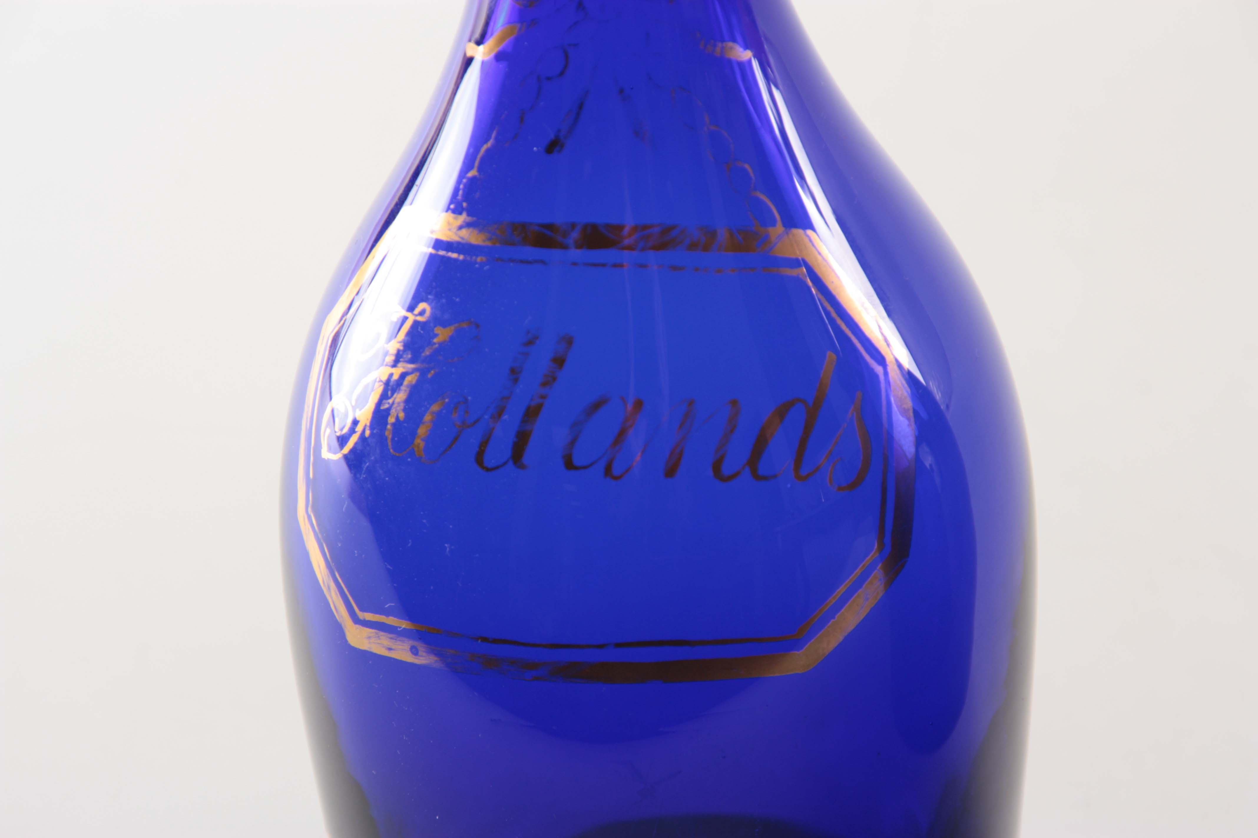 A SET OF THREE EARLY 19TH CENTURY BRISTOL BLUE GLASS DECANTERS for Rum, Brandy and Hollands with - Image 5 of 7