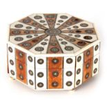 A 19TH CENTURY ANGLO INDIAN FINELY INLAID IVORY BANDED SANDALWOOD BOX of octagonal form with fanwork