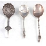 AN 18TH CENTURY DUTCH FIGURAL SILVER SPOON together with a Dutch silver embossed spoon and a