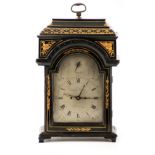 A GEORGE III LACQUERED DOUBLE FUSEE BRACKET CLOCK the ebonised case with chinoiserie style