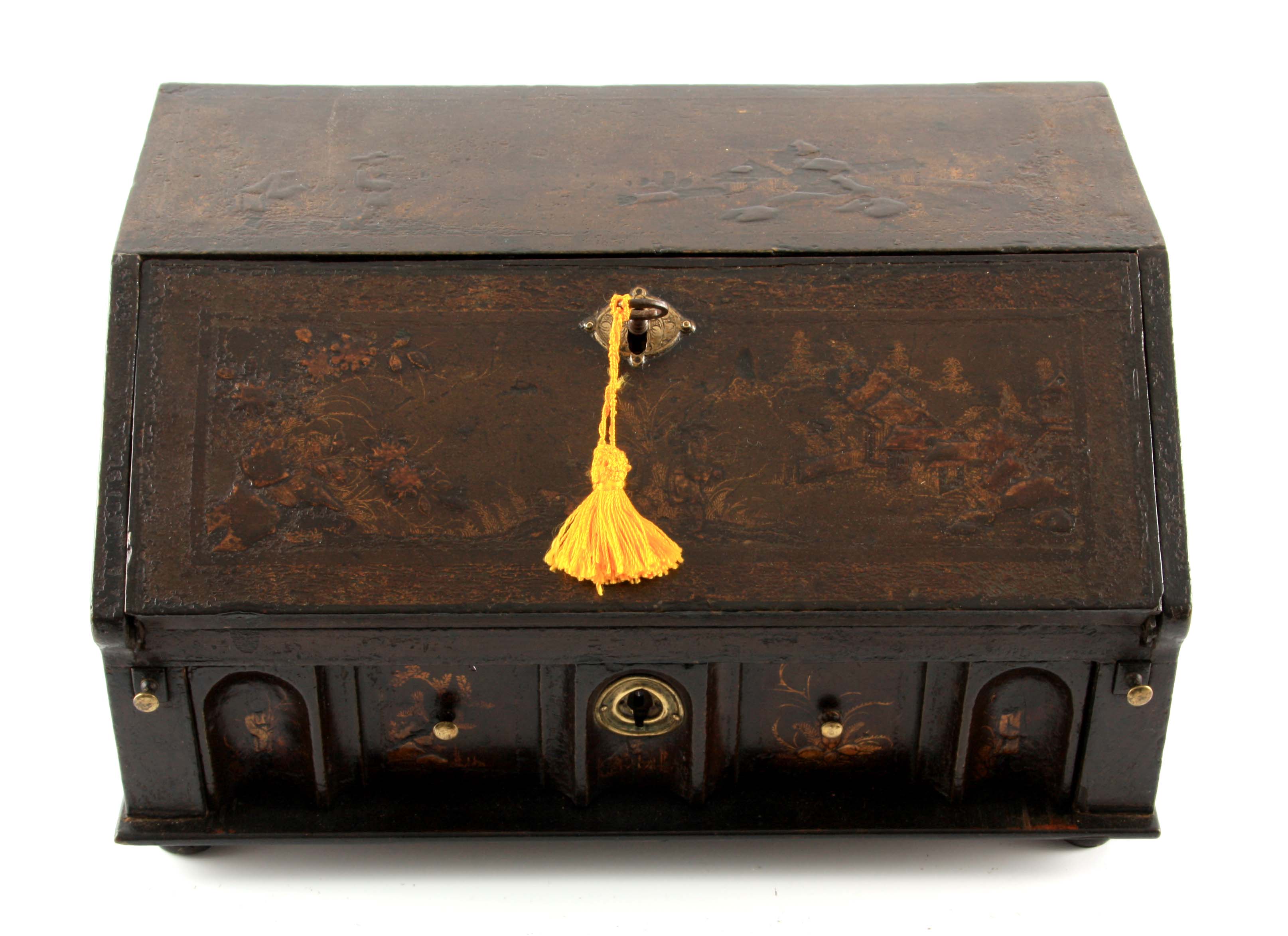 A WILLIAM AND MARY CHINOISERIE LACQUERED TABLE BUREAU with angled fall revealing a fitted stepped