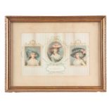 AN EARLY 20TH CENTURY SILK PRINTING of three victorian women titled "Three Christmas Roses" - in a