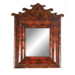 A WILLIAM AND MARY LABURNUM OYSTER VENEERED CUSHION FRAMED MIRROR with shaped crest and original