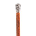 A 19TH CENTURY MALACCA AND WHITE METAL ANGLO INDIAN WALKING STICK decorated with deity’s 90cm