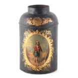 A 19TH CENTURY BLACK TOLEWARE PAINTED TEA CANISTER of cylindrical form and domed top having a