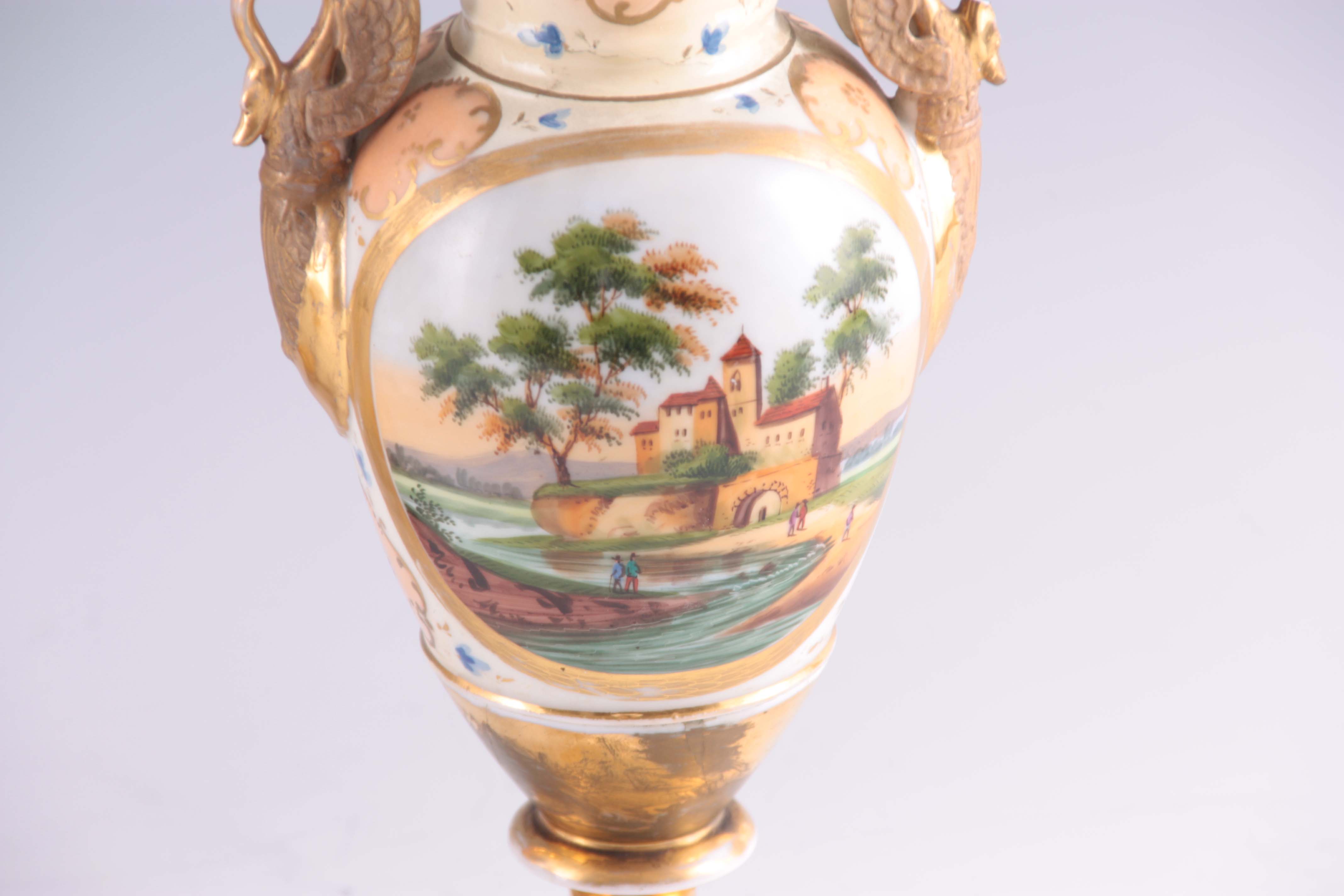 A MATCHED GARNTURE OF THREE 19TH CENTURY PARIS TYPE PORCELAIN VASES with two-handled gilt square - Image 4 of 7