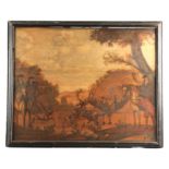 A LARGE EARLY 18TH CENTURY PRIMITIVE SCHOOL OIL ON WOODEN BOARDS Stag hunting scene with dogs and