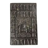 A LARGE CHINESE CARVED DARK GREEN JADE TABLET with seated buddhas within the temple arches; the
