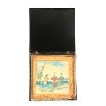 AN INTERESTING SIGNED 19TH CENTURY CHINESE WATERCOLOUR IN ORIGINAL LACQUERED BOX depicting two