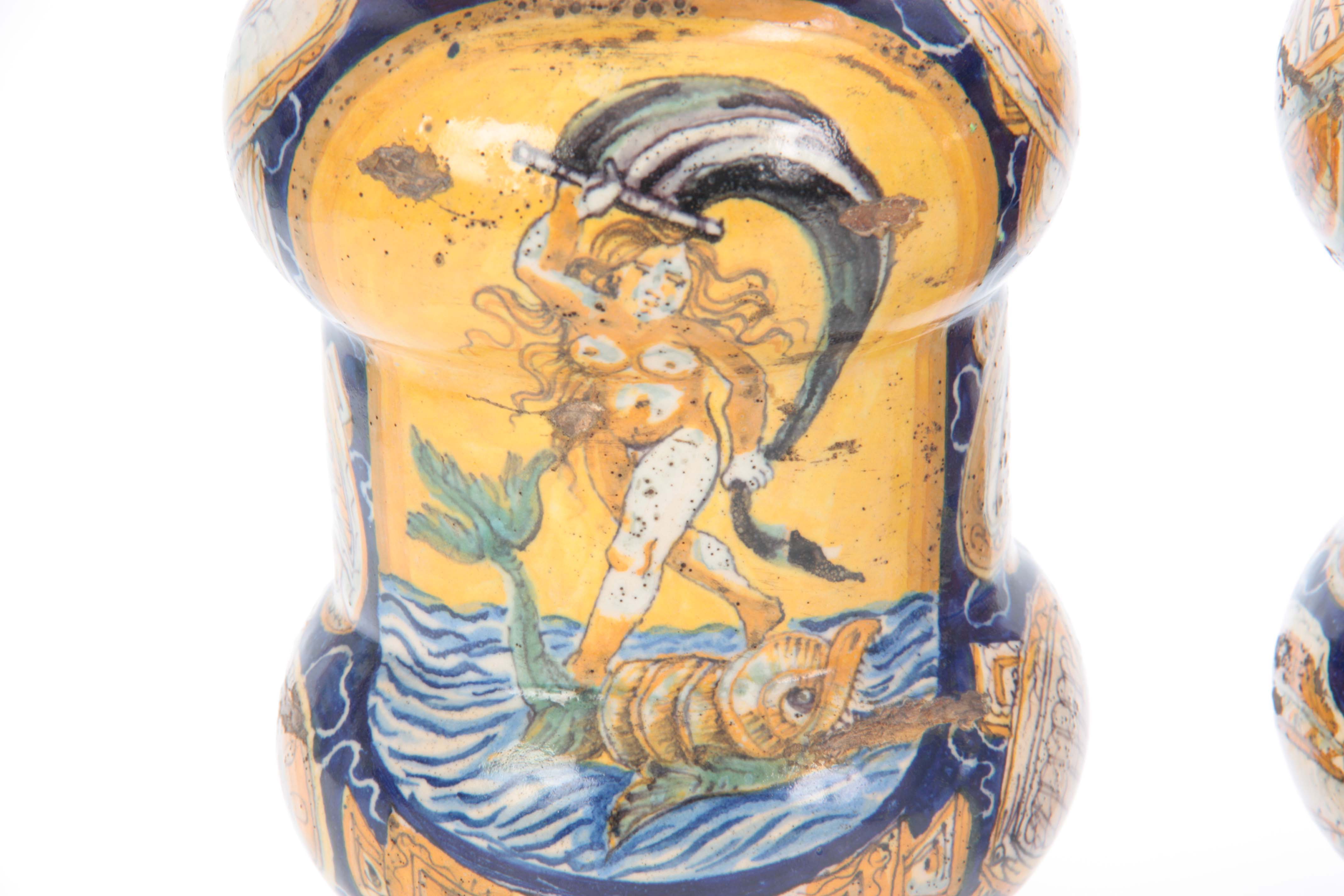 A PAIR OF CASTEL DURANTE MAIOLICA ALBARELLI DATED 1580 each painted with Venus riding a dolphin - Image 3 of 7