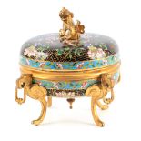 ATT. FERDINAND BARBEDIENNE. A 19TH CENTURY FRENCH CHAMPLEVE ENAMEL AND GILT BRONZE FOOTED BOWL AND