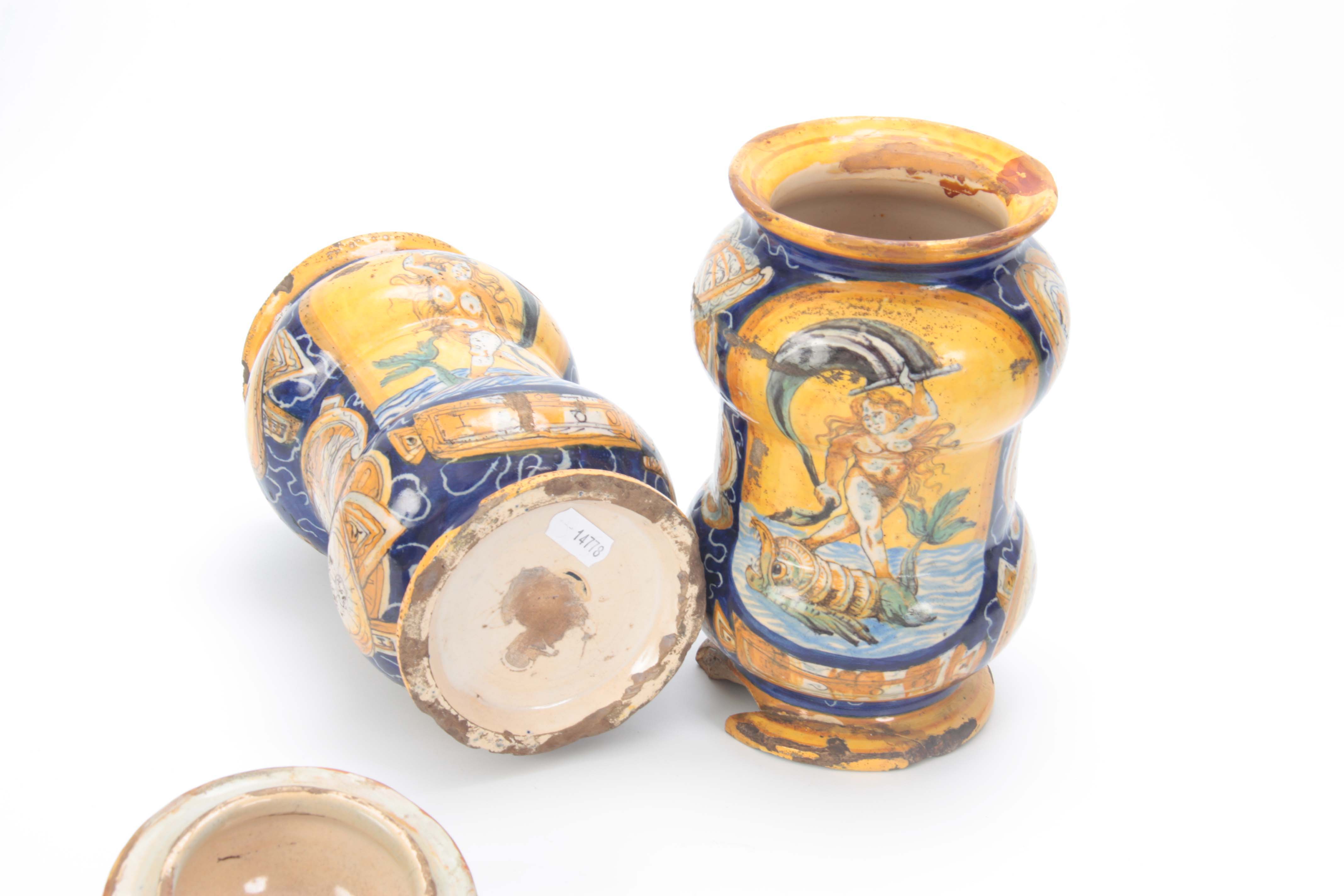 A PAIR OF CASTEL DURANTE MAIOLICA ALBARELLI DATED 1580 each painted with Venus riding a dolphin - Image 7 of 7