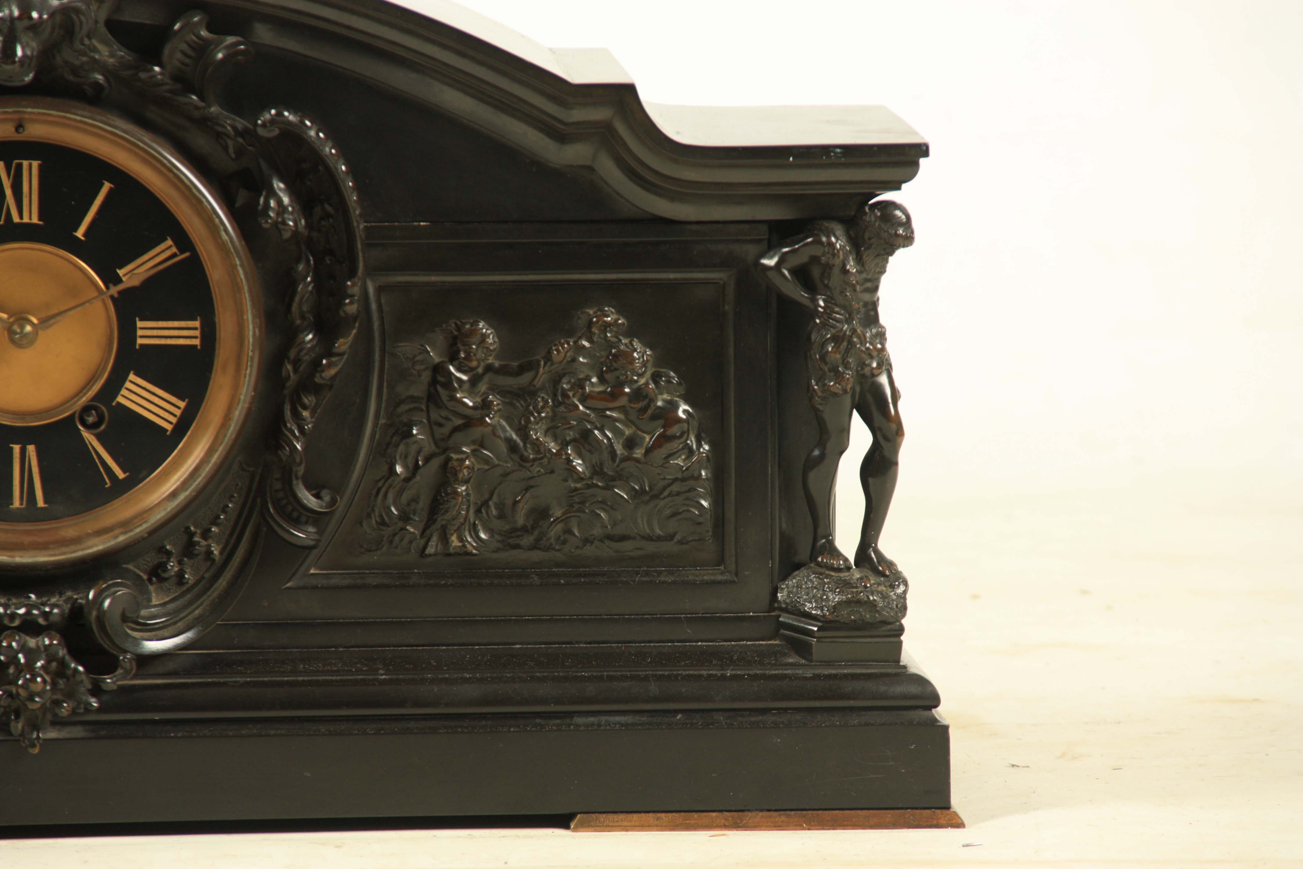 A LARGE LATE 19TH CENTURY BLACK SLATE AND BRONZE MOUNTED MANTEL CLOCK the arched case with moulded - Image 3 of 6