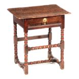 A LATE 17TH CENTURY OAK SIDE TABLE OF SMALL SIZE having an overhanging plank top, with bobbin turned